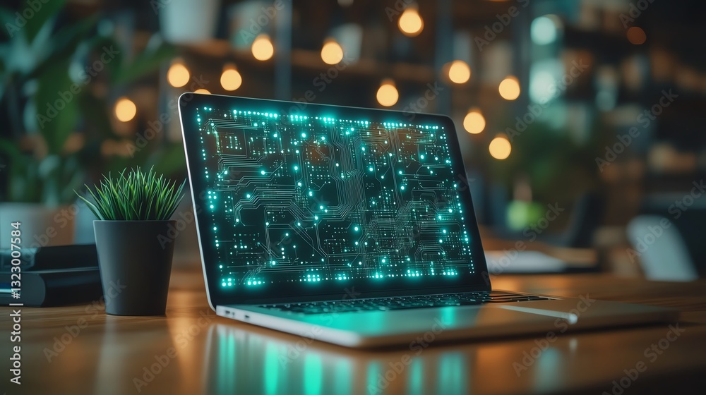 Poster futuristic ai circuit board overlay on an office desk with a laptop, glowing digital connections, hi
