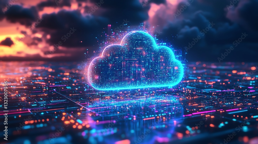 Poster futuristic smart city with cloud computing and data storage concept, neon blue and purple lights, 3d