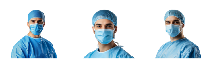 Three Male Surgeons Wearing Scrubs and Medical Masks during a Procedure isolated on transparent Background