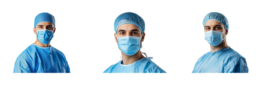 Three Male Surgeons Wearing Scrubs and Medical Masks during a Procedure isolated on transparent Background