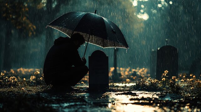 Silhouette of a grieving person kneeling at a gravestone, holding an umbrella over it in a rainy cemetery at dusk
