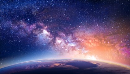 Obraz premium abstract dreamy background wallpaper template of outer space planet land nebula sparkling stars stardust galaxy universe astro cosmos milky way panorama night sky fantasy colorful tone 16 9