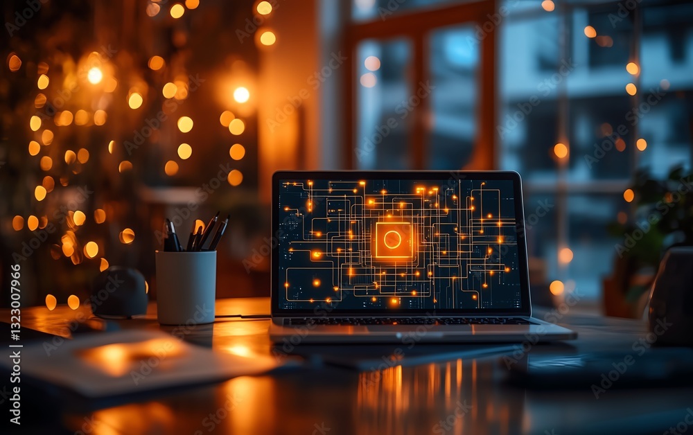 Aufkleber ai circuit board glowing with digital connections on a modern office desk, laptop and tech devices, 