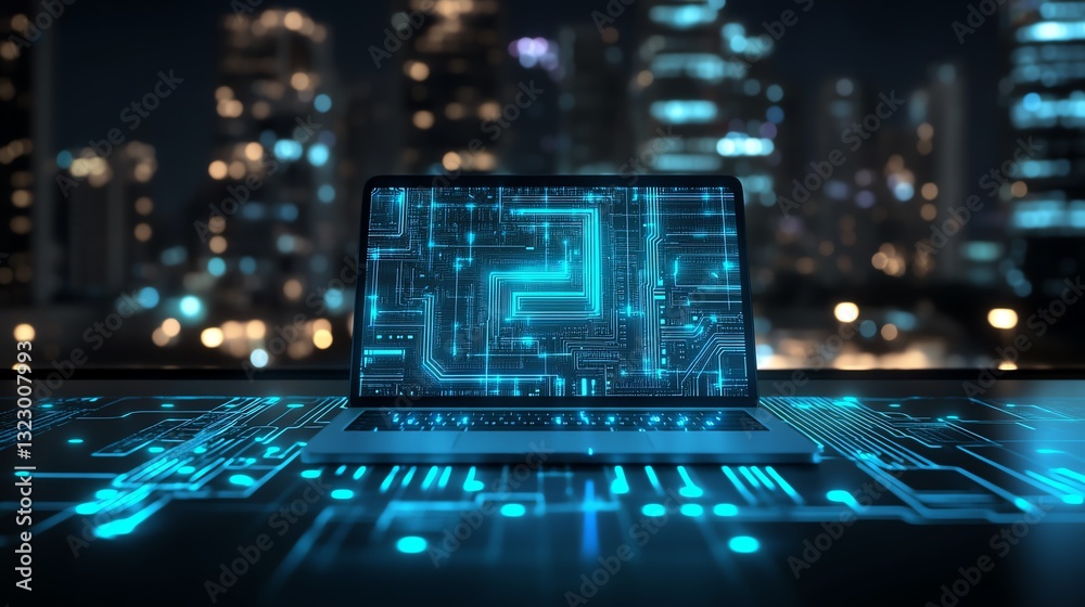 Leinwandbilder ai circuit board overlay on a modern office desk with a laptop, digital technology, hightech workspa