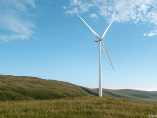 Green energy innovation. wind turbine stands tall in green landscape under clear blue sky