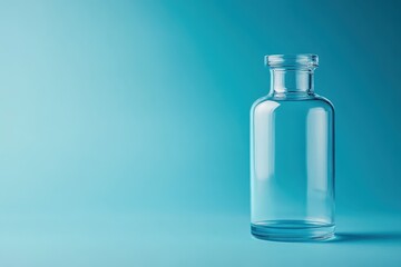 A clear glass bottle is resting on a turquoise background