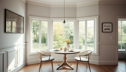 Fototapeta premium Elegant Dining Room with Bay Window and Cozy Table Setting