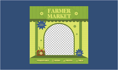 Farmer Market Socials Media. Farmers market invitation, vegetables, fruits and locally sourced farm food advertisement with geometric icons vector illustration. Bauhaus Scandinavian tiles.
