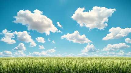 Obraz premium Green energy innovation. Lush green grass under bright blue sky with fluffy white clouds