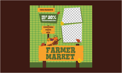 Farmer Market Socials Media. Farmers market invitation, vegetables, fruits and locally sourced farm food advertisement with geometric icons vector illustration. Bauhaus Scandinavian tiles.

