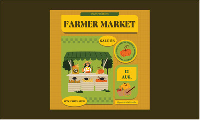 Farmer Market Socials Media. Farmers market invitation, vegetables, fruits and locally sourced farm food advertisement with geometric icons vector illustration. Bauhaus Scandinavian tiles.

