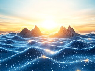 Digital illustration of data technological design hills and surface with background of sunlight and blue sky above