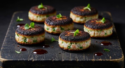 Savory Delights: Gourmet salmon patties, delicately seasoned and expertly cooked, are artfully arranged on a rustic wooden surface, garnished with fresh herbs, hinting at a symphony of flavors.