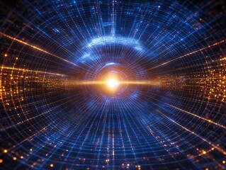 Obraz premium Advanced wallpaper of circular processing data on blue and black background, high technology 3d backdrop