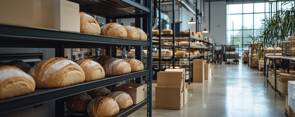 Freshly Baked Bread Loaves on Shelves in Modern Bakery Interior with Bright Natural Light