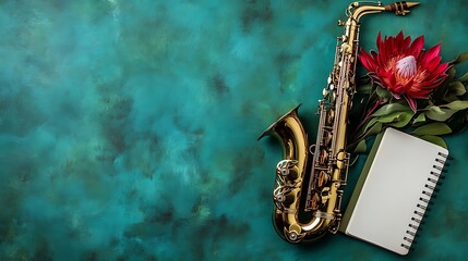 Naklejka premium Shiny brass saxophone with red protea flower and notebook on vibrant green background