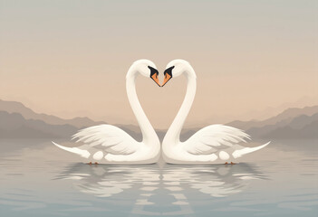 Naklejka premium Two elegant swans form a heart shape with their necks while floating on a lake illustration