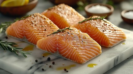 Fresh salmon fillets ready for cooking.  Four, seasoned, and ready-to-cook salmon fillets rest on a marble cutting board. 