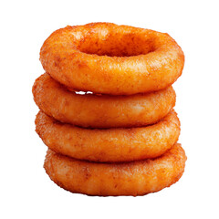 Crispy onion rings stacked on white background, perfect for snacking