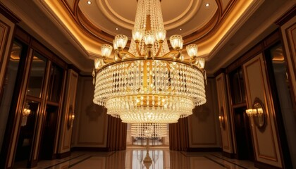 Obraz premium Elegant Crystal Chandelier Illuminates Grand Hallway in Luxurious Interior Design