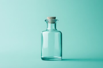 A clear glass bottle is sealed with a natural cork stopper