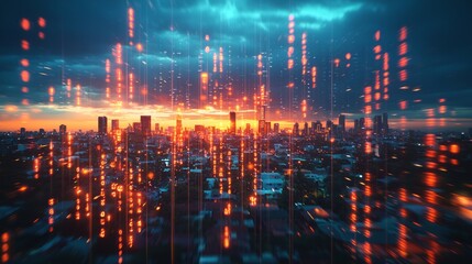 Obraz premium Stunning City Skyline at Sunset with Abstract Digital Elements Overlay