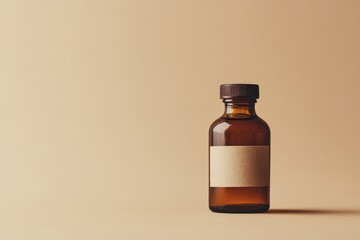 Obraz premium A brown glass bottle with a label against a warm beige background