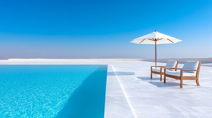 Obraz premium Relaxing by Swimming Pool with Umbrella and Lounge Chairs Under Blue Sky