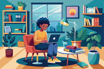 Fototapeta premium A young individual focuses on their laptop while studying in a brightly lit living room filled with books, study in the living room