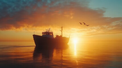 Fototapeta premium Serene Sunset Silhouette: Fishing Vessel at Golden Hour