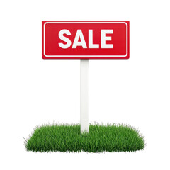 Sale Sign on Green Grass: A vibrant red sale sign, prominently displaying the word "SALE", is planted in a patch of lush, vibrant green grass.