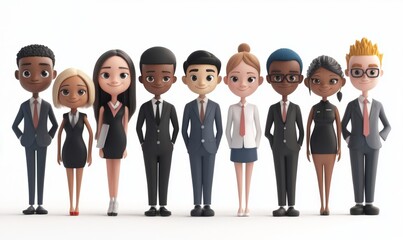 3D cartoon character cute multi ethnic group of young business people corporate team officer, full body person isolated on white background, ai