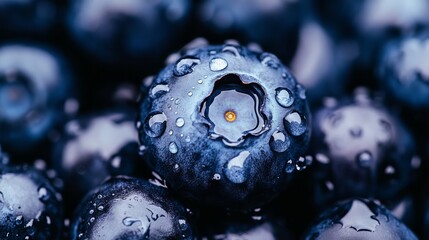 blueberries, close up with water droplets, on white background with space for text.