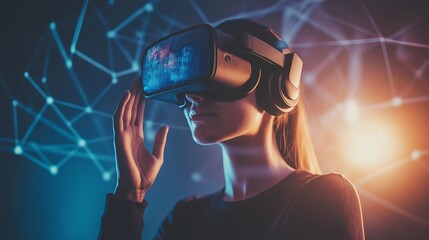 Woman uses VR headset exploring virtual cybersecurity training. AI generated