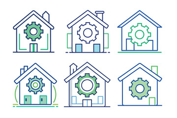 House Outline with an Embedded Gear Symbol Representing Advanced Software Solutions for Efficient Construction and Smart Building Management.