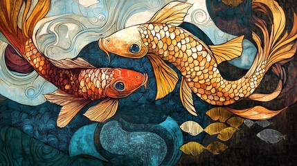 Vibrant Koi Fish Underwater in Abstract Art Nouveau Inspired Design