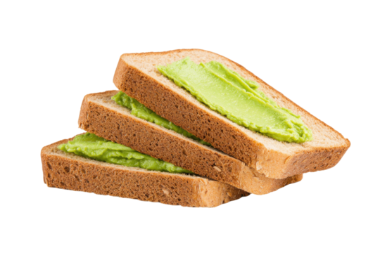Avocado Toast Trio: A trio of toasted bread slices, each generously spread with creamy green avocado, a simple yet appetizing treat.