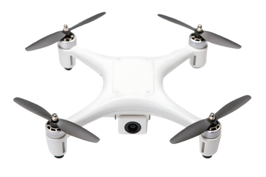 White drone with four propellers and a camera.