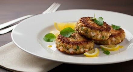 Delectable Crab Cakes: A trio of golden-brown crab cakes are artfully presented on a pristine white plate, adorned with zesty lemon wedges and fresh herbs, promising a culinary delight