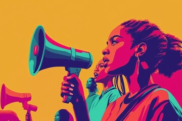 Megaphone, freedom or women equality protest for global change, gender equality or black woman speaker fight for support. Crowd poster banner, city speech or human rights rally by justice