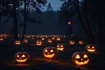 Haunting Glow of Pumpkins in a Dark Wilderness Landscape