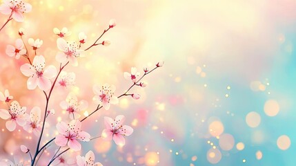 Fototapeta premium Floral illustration abstract background idea. Delicate cherry blossoms against a soft, dreamy background of pastel colors.