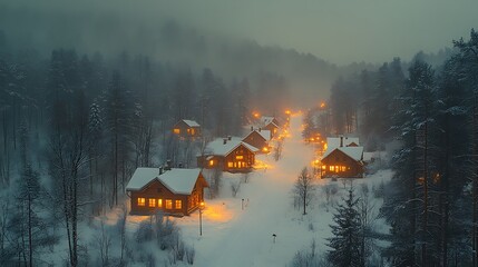 Enchanting Winter Village Scene Illuminated Cabins in Snowy Forest at Dusk