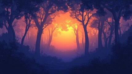 Fototapeta premium Forest Path Sunset Orange Hues Trees Silhouettes