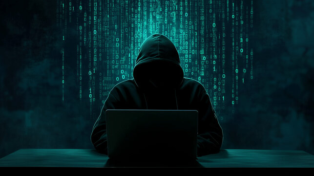 Anonymous Hacker in Dark Hoodie Using Laptop with Binary Code Background — Cybersecurity Threat, Data Breach, and Digital Crime Concept