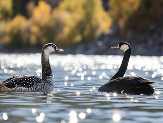 Fototapeta premium Two water birds swimming on a shimmering lake with autumn foliage.