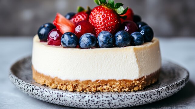 no-bake cheesecake with jocoque, topped with fresh berries and served on a crumbly foundation.