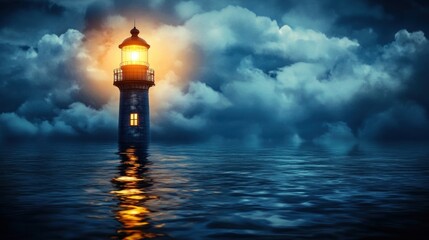 Beacon of hope, Lighthouse illuminating stormy seas with radiant glow