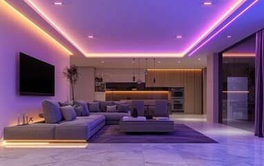 Modern living room with cove lighting and LED strip lighting.