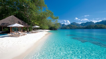 Fototapeta premium Relaxing Beach Scenery with Azure Sea, Clear Sky, and Tropical Shelter